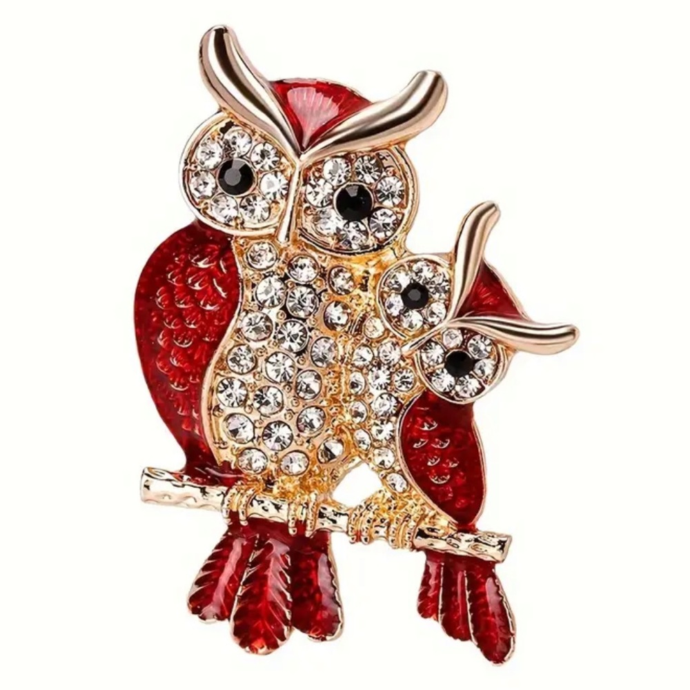 NEW Red Two Owls Elegant Shiny Sapphire Brooch Pin